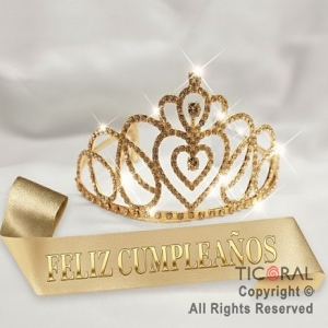 SET VINCHA Y BANDA FELIZ CUMPLEA�OS STRASS CORAZON ORO (10548S) X 1